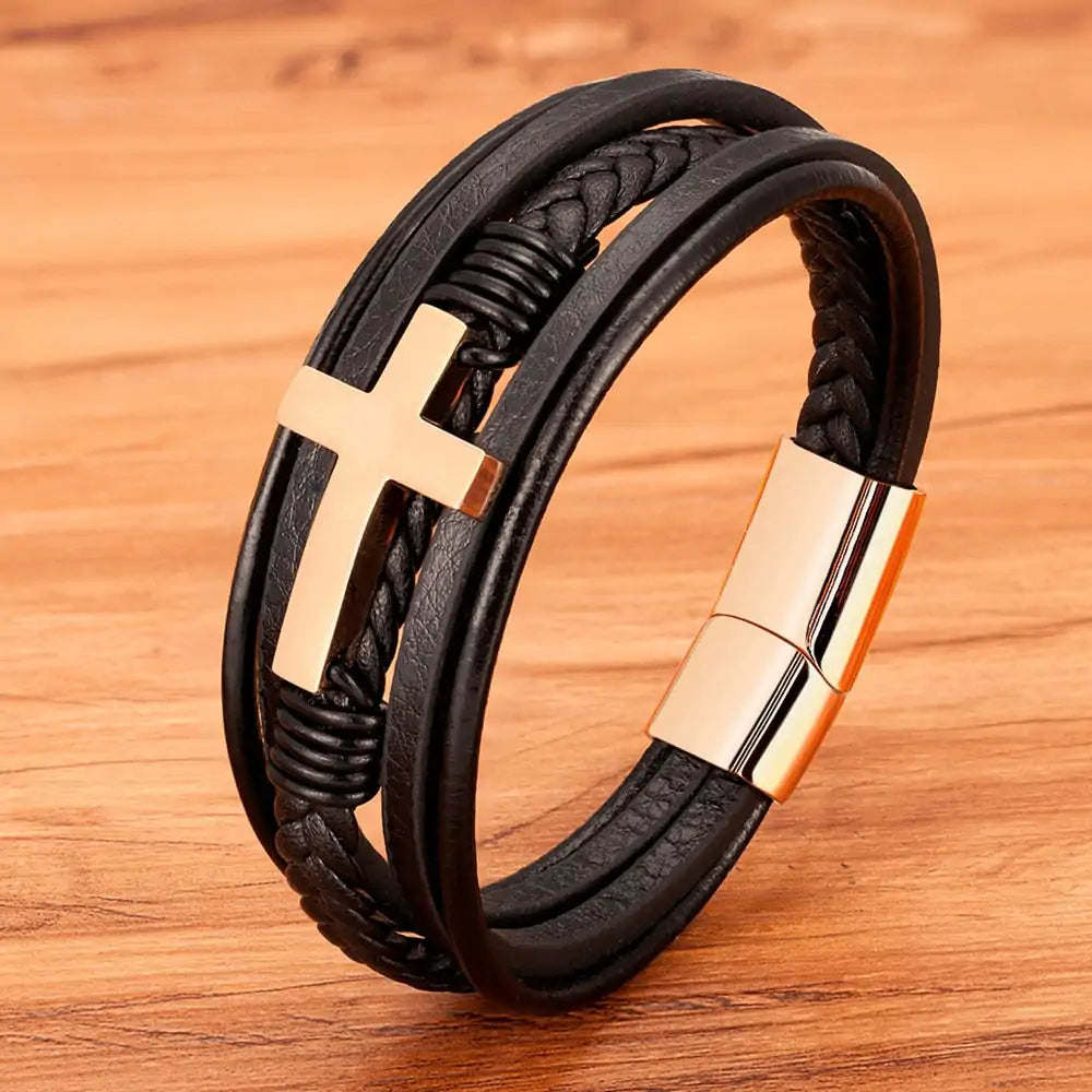 Braided Leather Bangle Bracelet with Steel Cross Accent