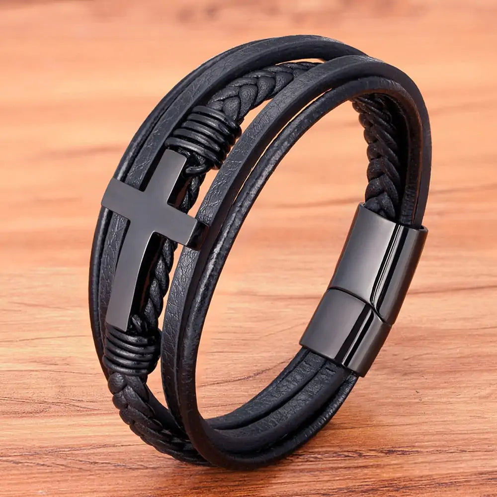 Classic Men's Cross Leather Bracelet with Metal Clasp