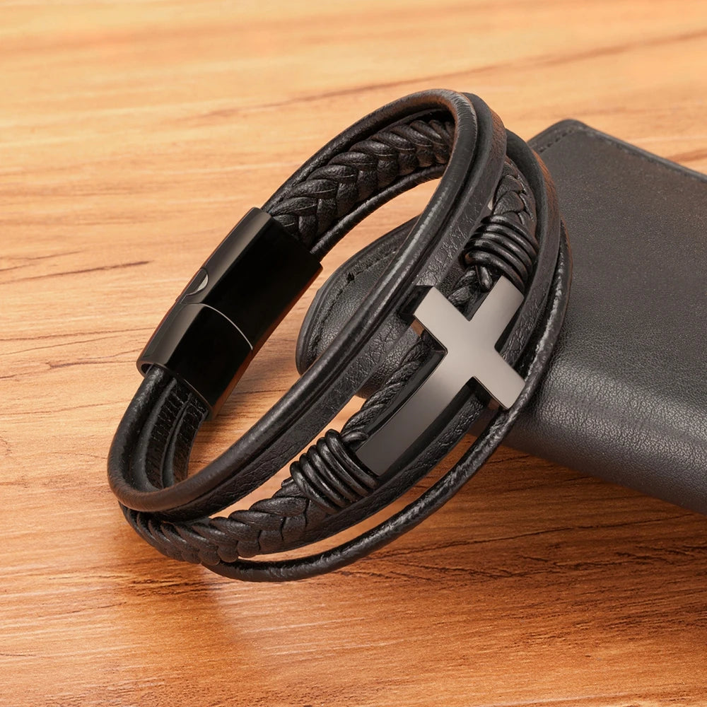 Braided Leather Bangle Bracelet with Steel Cross Accent