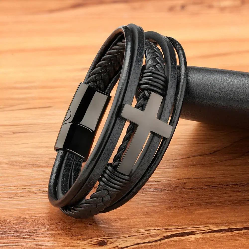Classic Men's Cross Leather Bracelet with Metal Clasp