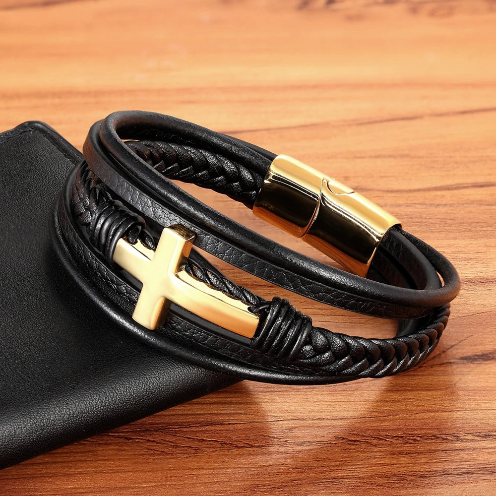 Braided Leather Bangle Bracelet with Steel Cross Accent
