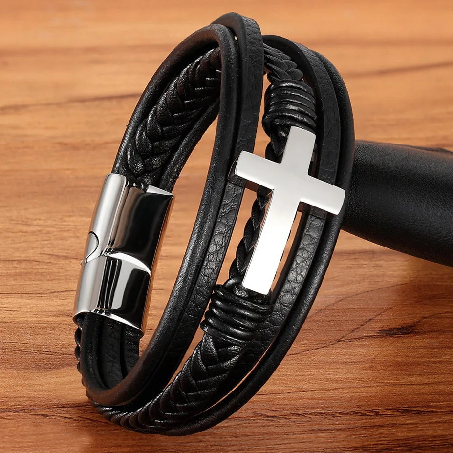 Braided Leather Bangle Bracelet with Steel Cross Accent