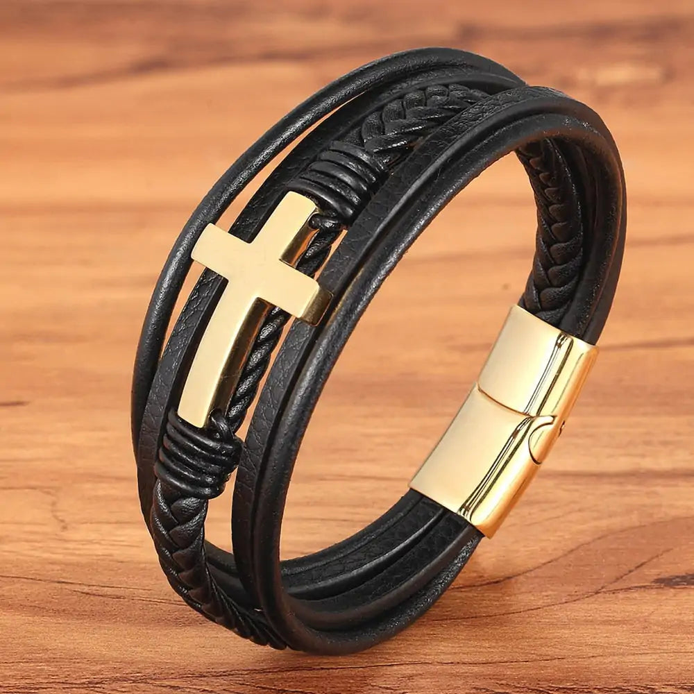 Braided Leather Bangle Bracelet with Steel Cross Accent