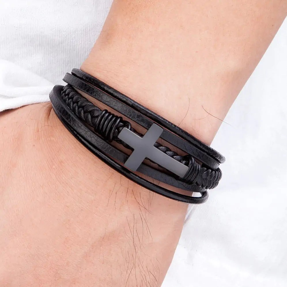 Braided Leather Bangle Bracelet with Steel Cross Accent