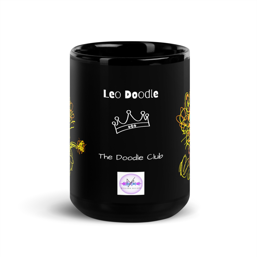 15 oz Leo Doodle Black Glossy Mug, Ceramic - The Doodle Club
