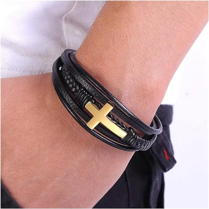 Braided Leather Bangle Bracelet with Steel Cross Accent