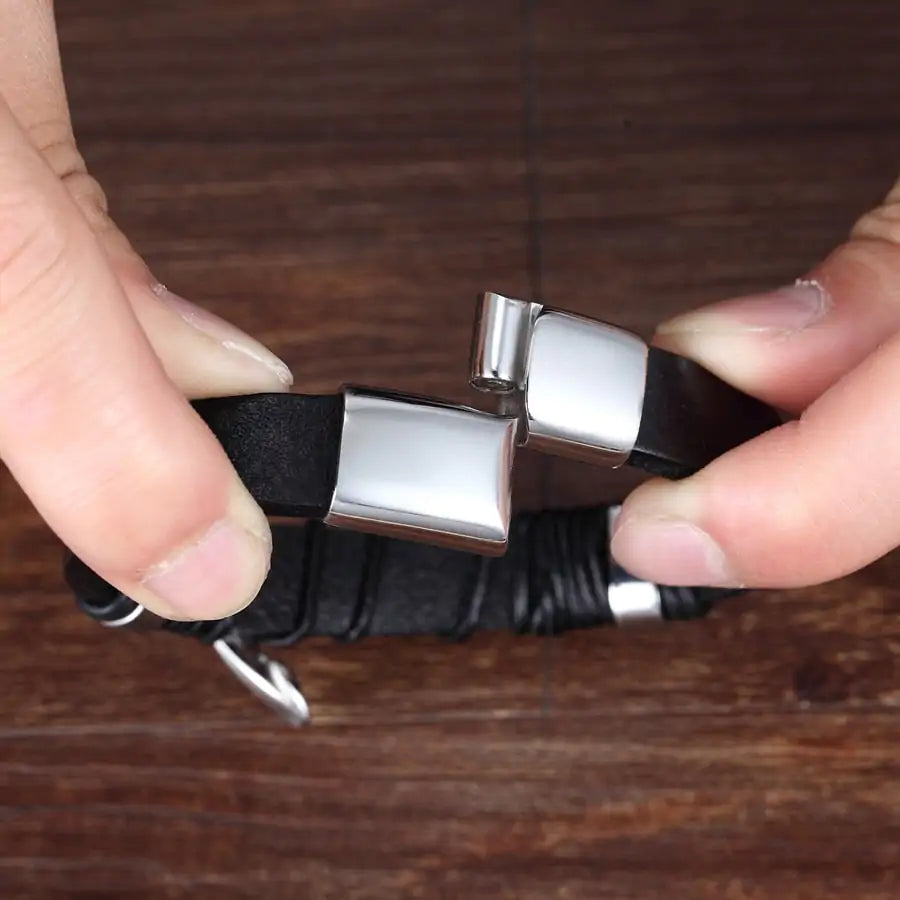 Braided Leather Bangle Bracelet with Steel Cross Accent