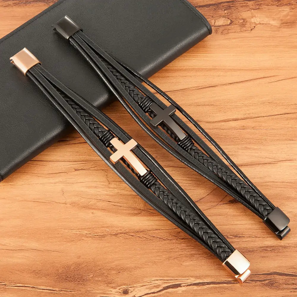 Braided Leather Bangle Bracelet with Steel Cross Accent
