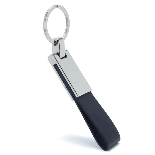 Simple Black Leather Strap Car Key Ring Silver Metal Black Leather Keychain