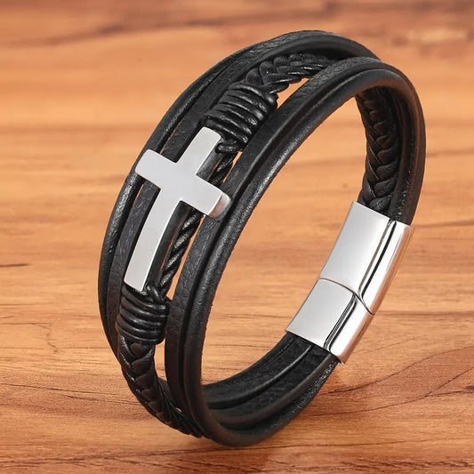 Classic Men's Cross Leather Bracelet with Metal Clasp